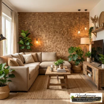 Wohnzimmer mit Teakholz Wandverkleidung Kelut HO-011