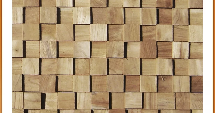 Detailaufnahme der Teakholz Wandverkleidung Kelimutu HO-004 mit natürlicher Holzmaserung und Mosaikstruktur.