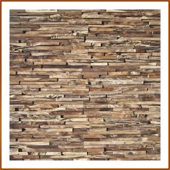 Flächige Ansicht einer Wandverkleidung aus recyceltem Teakholz Paneelen Modell Krakatau HO-006.