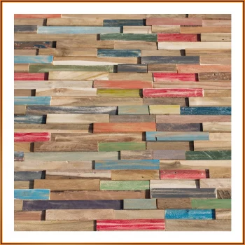 Teakholz Wandverblender Semeru HO-009 mit farbigen Holzsegmenten.