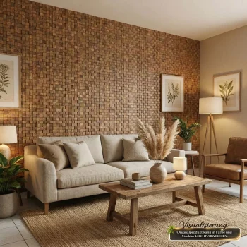 Wohnzimmer mit dekorativer Wand aus Teakholz Wandpaneelen – natürliche 3D Holz Wandverkleidung.
