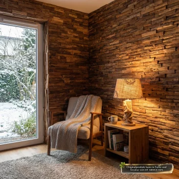 Gemütlicher Wohnraum mit Wandverkleidung aus Teakholz Wandpaneelen.