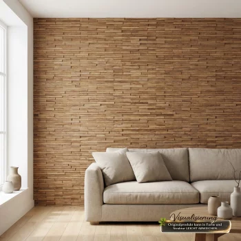 Moderne Wohnzimmer Wandgestaltung mit Teakholz Wandpaneelen.