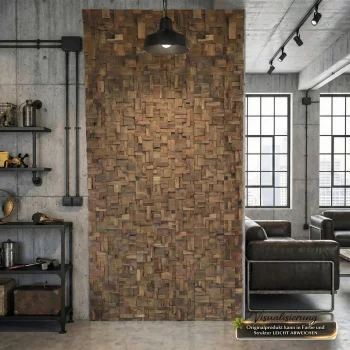 Dekorative Loft Wandgestaltung mit 3D Teakholz Wandverblendern und natürlicher Holzstruktur.