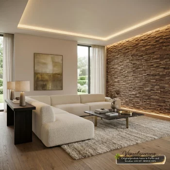 Moderne Wohnzimmer Wandgestaltung mit Teakholz Wandpaneelen und natürlicher 3D Holzstruktur.