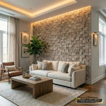 Wohnzimmer mit Teakholz Wandverkleidung HO-016