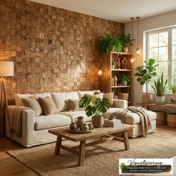 Wohnzimmer mit Teakholz Wandverkleidung HO-017