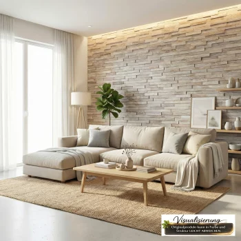 Wohnzimmer mit heller Teakholz Wandverkleidung Kerinchi HO-012