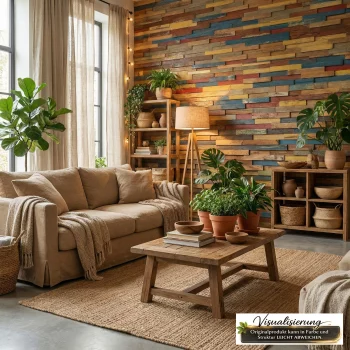 Wohnzimmer mit Wandverkleidung aus farbigen Teakholz Wandpaneelen.
