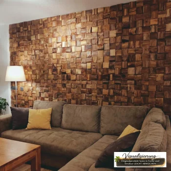 Wohnzimmer mit Teakholz Wandpaneele Tambora HO-013