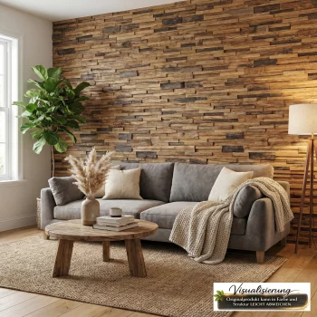 Wohnzimmer mit Teakholz Wandverkleidung Hulubelu HO-010